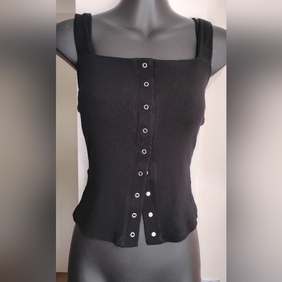 Dynamite | Black Ribbed Sleeveless 1/2 Button Tank Top | Size Small - Picture 7 of 8